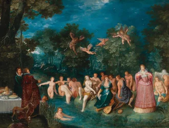 Diane et ses nymphes se baignant, avec une chasse au cerf en arrière-plan, ca 1606