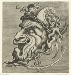 Masque de profil avec deux cornes de volutes et une couronne de laurier