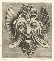 Masque avec joues tombantes, deux dents pointues et une touffe de boucles reposant sur la racine du nez