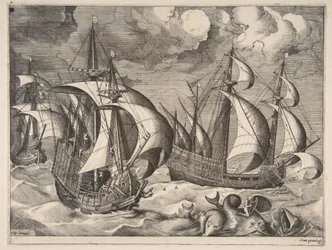Trois caravelles dans une tempête montante avec Arion sur un dauphin (Les Vaisseaux à voile)