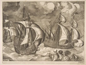 Trois caravelles dans une tempête montante avec Arion sur un dauphin de Les navires à voile, 1561-65