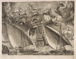 Deux galères naviguant derrière un trois-mâts armé avec Phaéton et Jupiter dans le ciel