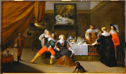 Scène de société, une photo de Danaé sur le mur du fond (peinture sur bois de chêne)
