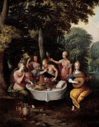 Les cinq sens jeunes femmes dans un paysage avec banquet (goût), musique (ouïe), miroir (vue), bouquet de fleurs (odorat) et caresse (toucher). (détail)