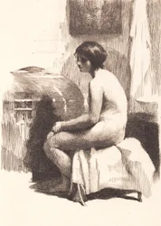 Modèle féminin nu, assis dans une pièce