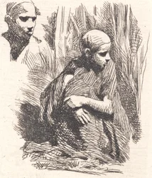 Oriental assis. Dans le coin une tête