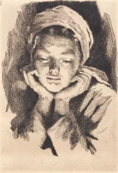 Jeune femme avec bonnet, de face, appuyant la tête dans les mains. Buste