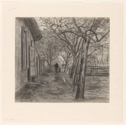 Cour de ferme avec arbres, femme et enfant