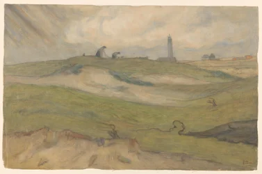 Paysage de dunes avec phare et réparateurs de filets