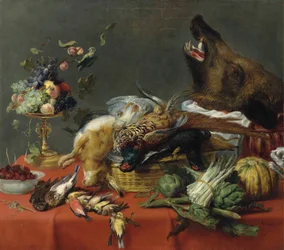 Table drapée chargée de gibier, de fruits, de légumes et d