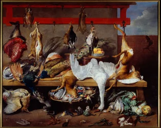 Table de cuisine avec gibier, poisson et légumes