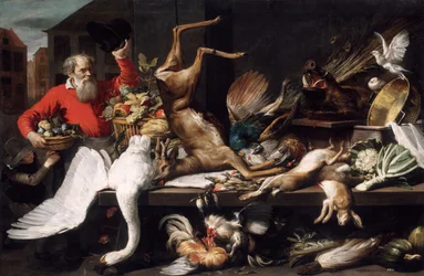 Nature morte avec gibier mort, fruits et légumes sur un marché