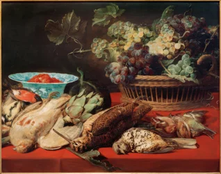 Nature morte – Panier avec raisins, oiseaux et fraises