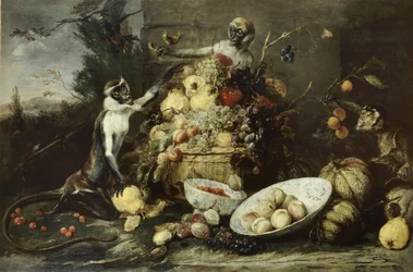 Trois singes volant des fruits, avec vue sur un paysage