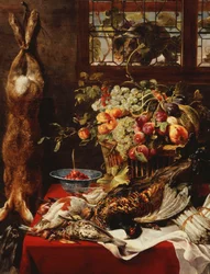 Nature morte avec fruits, gibier et chat près d
