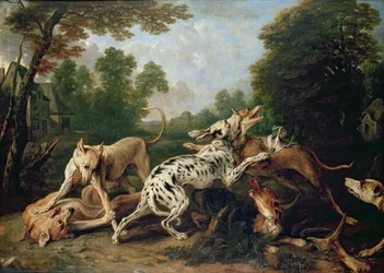 Chiens se battant dans une clairière boisée