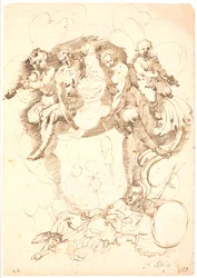 Composition héraldique : blason avec trois violons inversés, casque couronné de chien, entouré de deux figures et deux putti jouant du violon, le tout reposant sur une figure masculine allongée (Neptune ?)