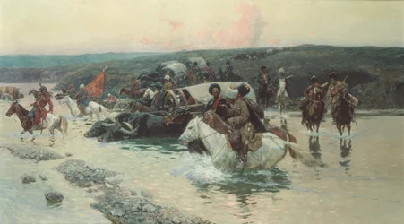 Convoi de Cherkess traversant une rivière (huile sur toile)
