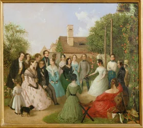 Pfaenderspiele der Familienmitglieder Alt im Garten - Un jeu de forfaits dans le jardin de la famille Alt ... (peinture sur toile)