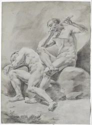 Deux hommes nus, endormis et jouant de la flûte