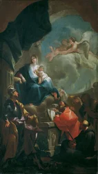 Madone trônante avec enfant, vénérée par des saints