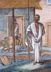 Changeur dans sa boutique, son commis consignant les transactions et une calopsitte apprivoisée, tiré de «Les Hindous, ou la description de leurs mœurs, costumes et cérémonies», v. 1808-12
