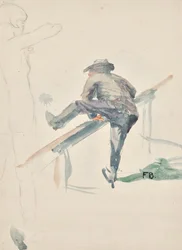 Homme grimpant sur une balustrade et contours d