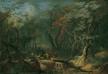 Paysage forestier avec arbre renversé et chasseurs