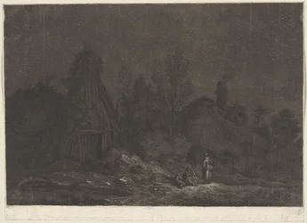 Scène au clair de lune avec des personnages devant une cabane