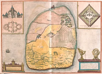 Île de Ven et Uranienborg, le palais et observatoire de Tycho Brahe situé sur cette île, dans le Sund (gravure)