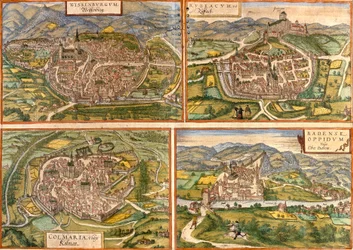 Carte de Weissenburg (Wissenburgum) en Allemagne, Rouffach (Rubeacum) et Colmar (Colmaria) en France et Baden en Suisse
