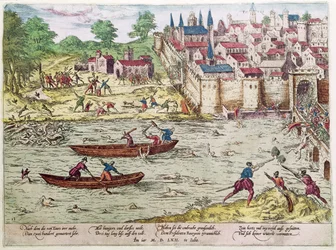 Massacre de Tours, en juillet 1562 (gravure en couleur)