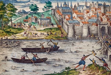 Massacres de Tours, juillet 1562 pendant les guerres de religion contre les huguenots, gravure de Franz Hogenberg, France