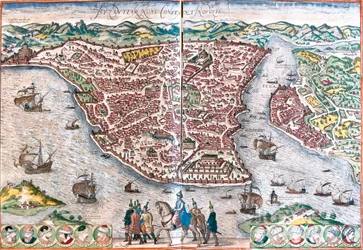 Plan de Byzance, renommée Constantinople (Byzantium nunc Constantinopolis) (actuelle Istanbul)