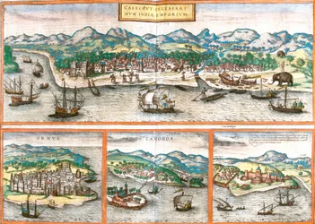 Vues de Kozhikode ou Calicut (Inde), Ormuz (Iran), Cannanore ou Kannur (Inde) et St. George de la mine ou Elmina (Ghana)