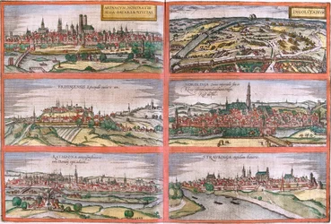 Vues de Munich (Monacum), Ingolstadt (Ingolstadium), Freising (Frisingensis), Nordlingen (Nordlinga), Ratisbonne (Ratispona) et Straubing (Stravbinga), Allemagne