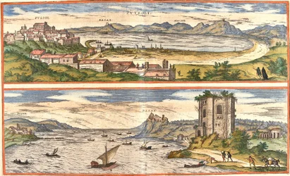 Vues de Pozzuoli (Puteoli) et Baies (Baiae) (actuelle Baia), Italie, avec les vestiges antiques des thermes du golfe de Naples et une forteresse