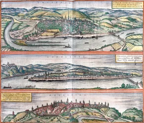 Vues de Trèves (Treveris), Coblence (Coboletz) et Rothenburg (Rotenburgum), Allemagne (eau-forte)