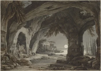 Paysage idéal avec grotte rocheuse, tombes et ruines au clair de lune, vers 1790