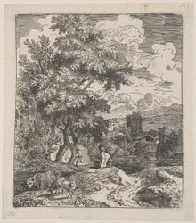 Planche 3 : un berger assis sur une colline, une vache et deux moutons à gauche, et une ville à droite, ca. 1700-25