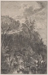 Planche 5 : figure féminine à cheval et figure masculine avec un chien debout dans une rue, vers 1700-1725