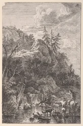 Planche 5 : figure féminine à cheval et figure masculine avec un chien debout dans une rue..., vers 1700-25