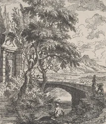 Planche 7 : deux figures à droite sur le point de traverser un pont en pierre, un pêcheur dans le...