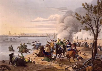 La Fuite de Napoléon à travers le Rhin près de la ville de Mentz poursuivi par les Alliés