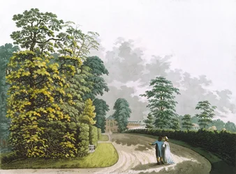 Vue latérale du palais dans les jardins de Kensington, gravée par Heinrich Joseph Schutz, pub. 1798 par Ackermann