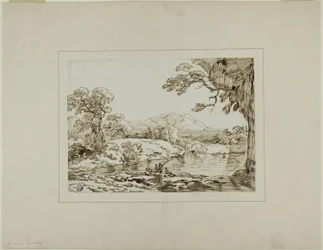 Paysage avec rivière, collines lointaines et personnages pêchant au premier plan
