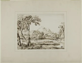 Paysage avec rivière et collines lointaines