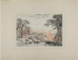 Paysage avec rivière et collines lointaines