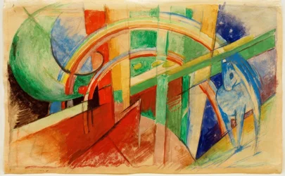 Cheval bleu avec arc-en-ciel