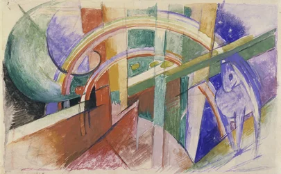 Cheval bleu avec arc-en-ciel
